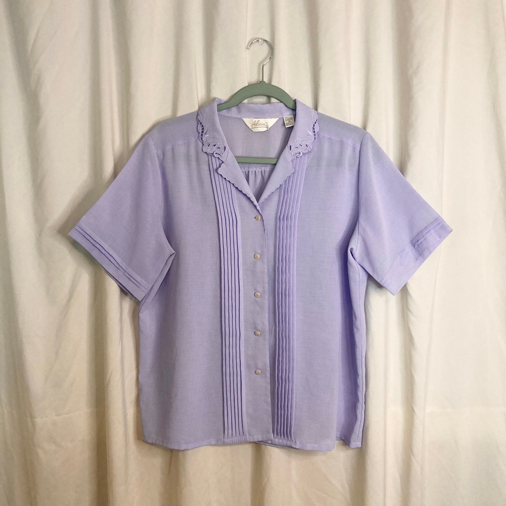 VTG 80s Lavender Embroidered Pintuck Blouse 16 Grandmacore Coquette Cottagecore